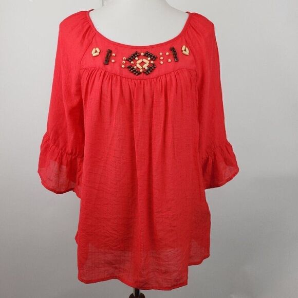 ZAC & RACHEL Red Beaded 3/4 Bell Sleeve Blouse Peasant Swing Top Womens Sz M $48 - Picture 1 of 7